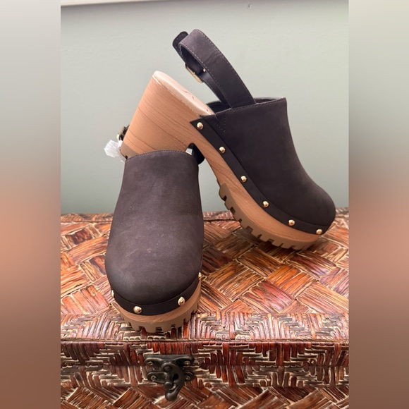Sugar Shoes - SUGAR Claudia Gold Studded Brown Faux Suede Slingback Heeled Clogs-Size 6M